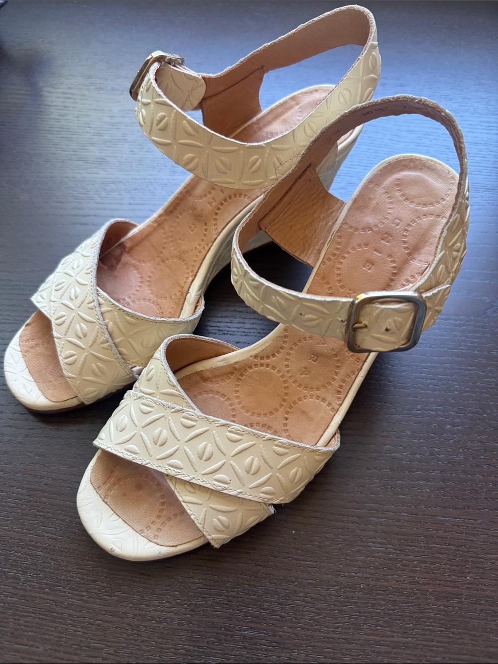 Chie Mihara Embossed Leather Ivory Wedge Sandals